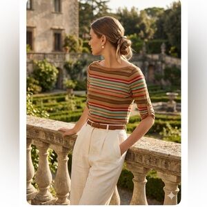 Lauren Ralph Lauren Striped Boat Neck Top - Size Large - 100% Cotton 3/4 Sleeve